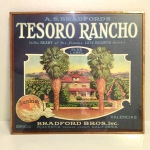 Original TESORO RANCHO SUNKIST Orange California Crate Box Label 1930s Framed